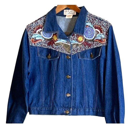 KK 88 Designs Vintage Hand Beaded Blue Denim Jacket 80s 90s Western Size Small - Picture 6 of 6